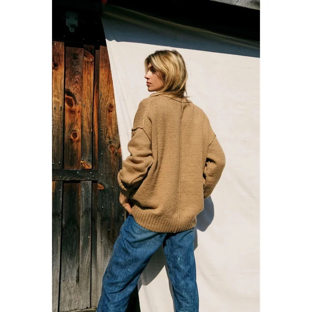 Free People Brookside Tunic Sweater Camel Tan Knit Oversized Sweater